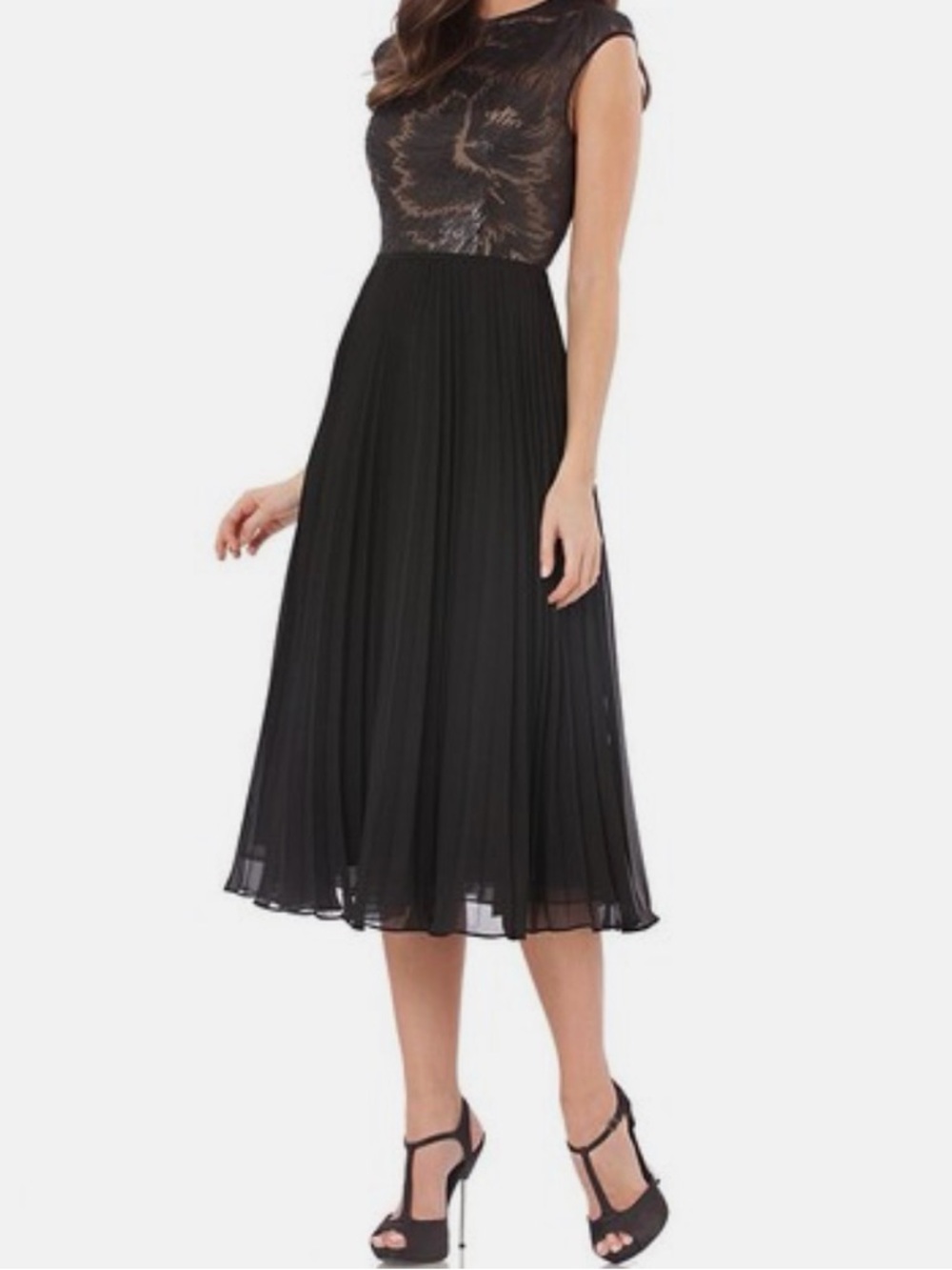 Carmen Marc Valvo Sequin Illusion Lace Bodice Micro Pleated Midi Dress NWT SZ 10